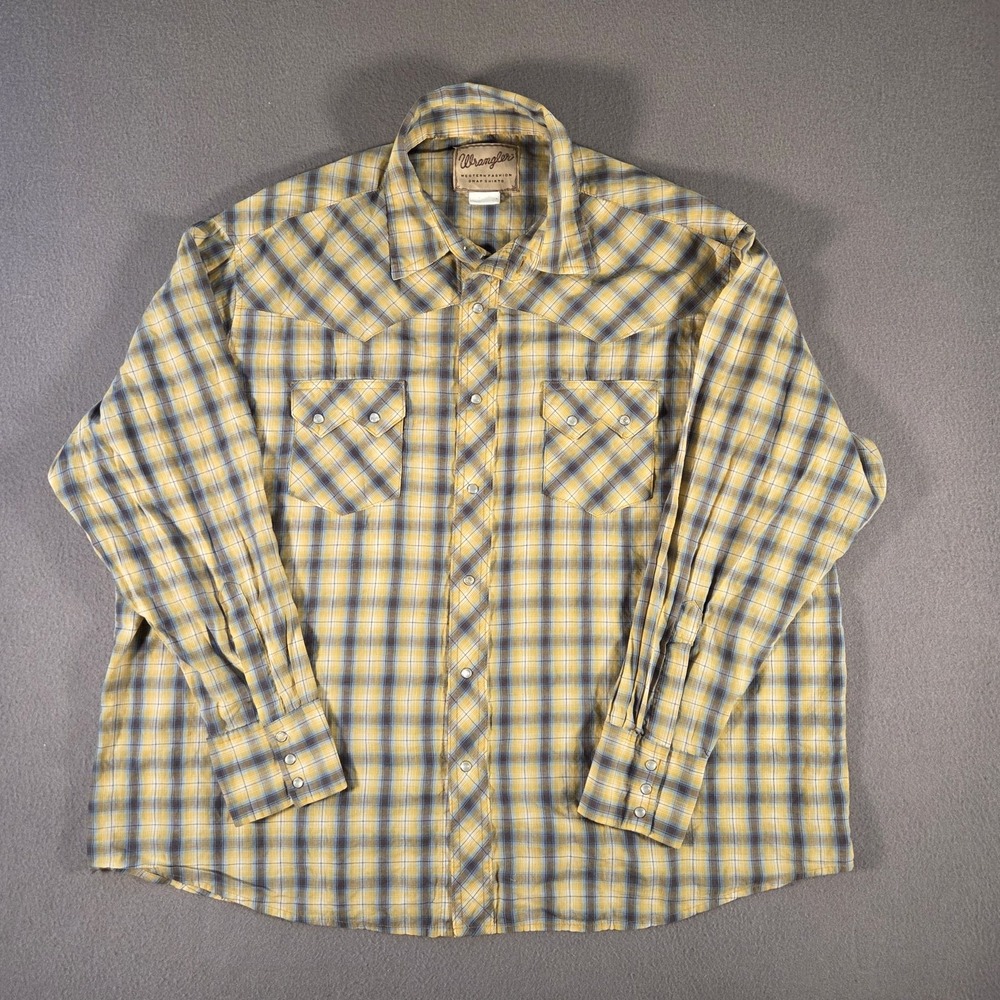 Wrangler Shirt Mens 3XL Yellow Plaid Western Pearl Snap Long Sleeve Sawtooth